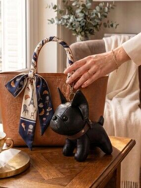 French Bull Dog Black Or Plaid Faux Leather Bag Charm